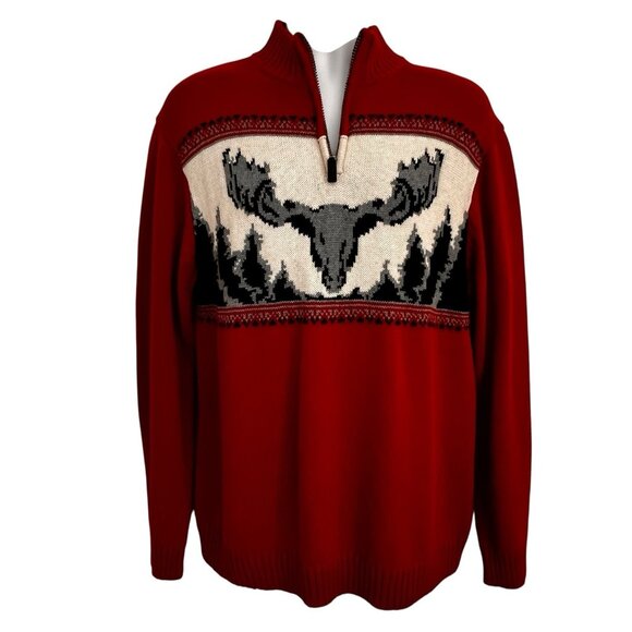Chaps Ralph Lauren Men 1/4 Zip Moose Sweater Mock Neck Red Black L Cabincore - Picture 5 of 14